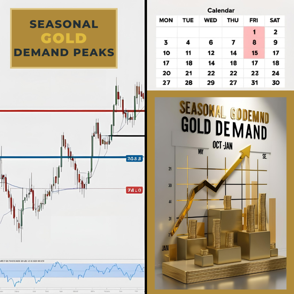 What is gold trading strategy? Split image showing technical analysis and seasonal demand calendar for smarter gold investing.