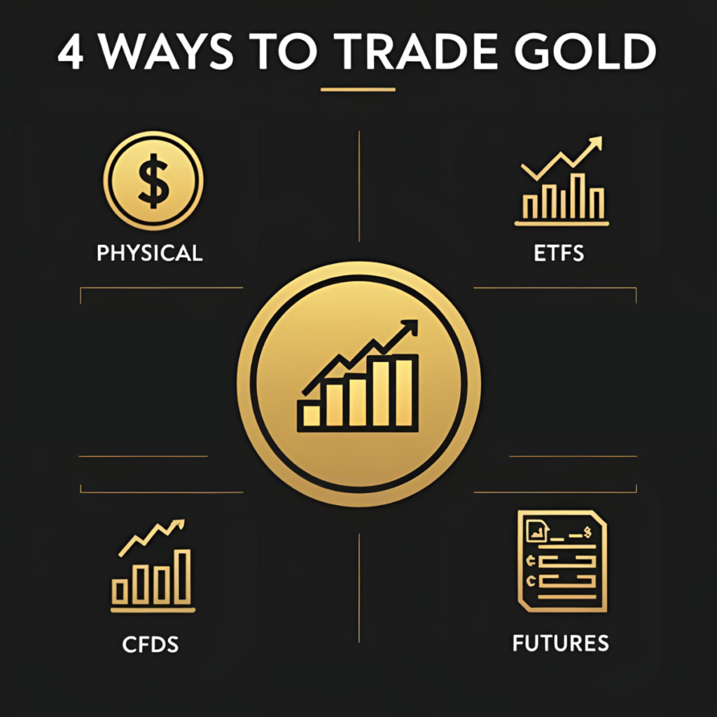 What is Gold Trading? Infographic showing 4 main methods—Physical, ETFs, CFDs, and Futures—with gold icons for each type.